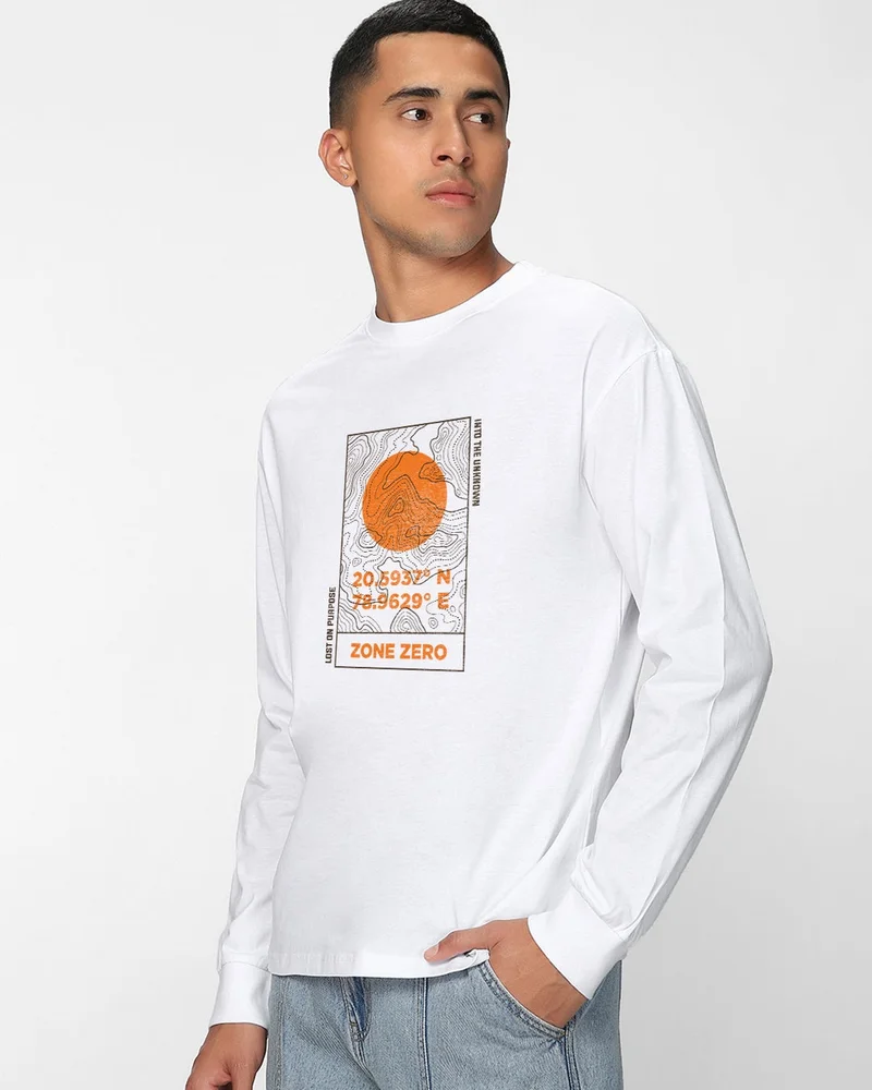 bewakoof Men's White Zone Zero Graphic Printed Oversized T-shirt